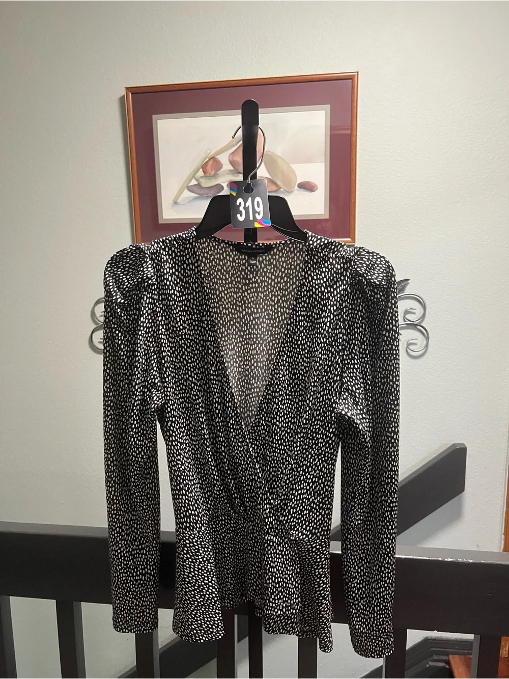 Banana Republic Black and White Printed Wrap-Style Blouse #319